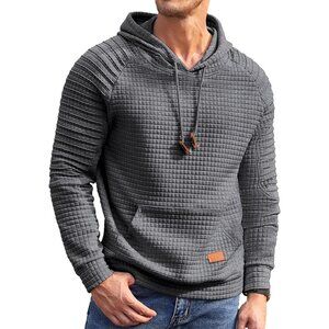 Men's Dark Grey Hoodie Pullover Casual Long Sleeve Drawstring Waffle Sweatshirt